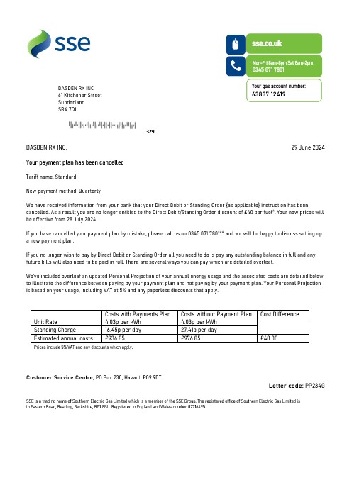 United Kingdom SSE Energy business utility bill template in Word and PDF formats, version 1